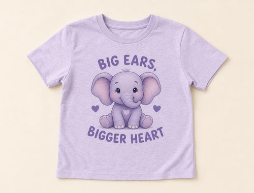 Heather lavender kids t-shirt printed with Ellie the Elephant and Big Ears Bigger Heart