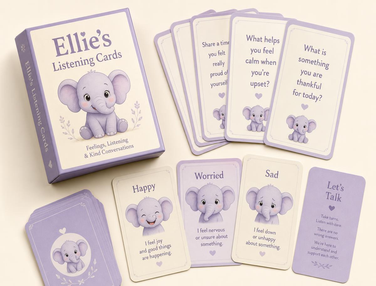 Ellie's Listening Cards deck fanned out with feelings and conversation cards