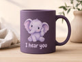Matte purple Ellie the Elephant I Hear You ceramic mug