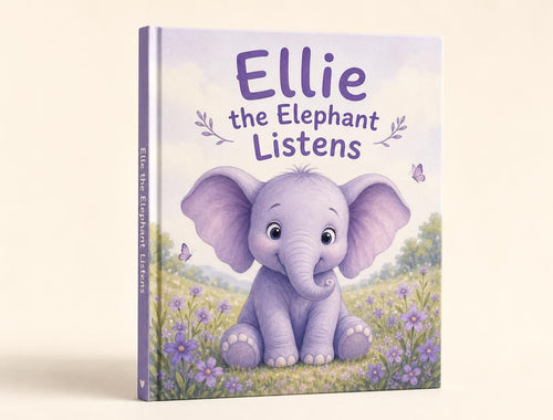 Ellie the Elephant Listens children's picture book standing upright