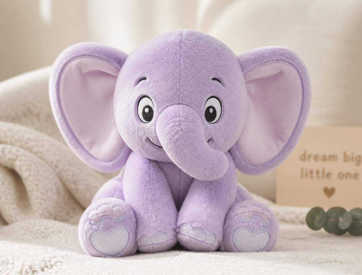 Soft lavender Ellie the Elephant weighted calming plush on a cream blanket