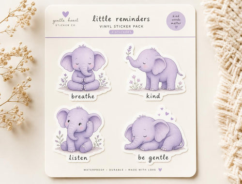 Ellie the Elephant vinyl sticker pack with breathe, kind, listen and be gentle stickers