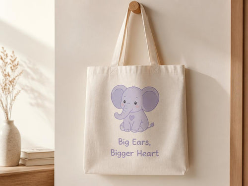 Natural canvas tote bag printed with Ellie the Elephant and Big Ears Bigger Heart