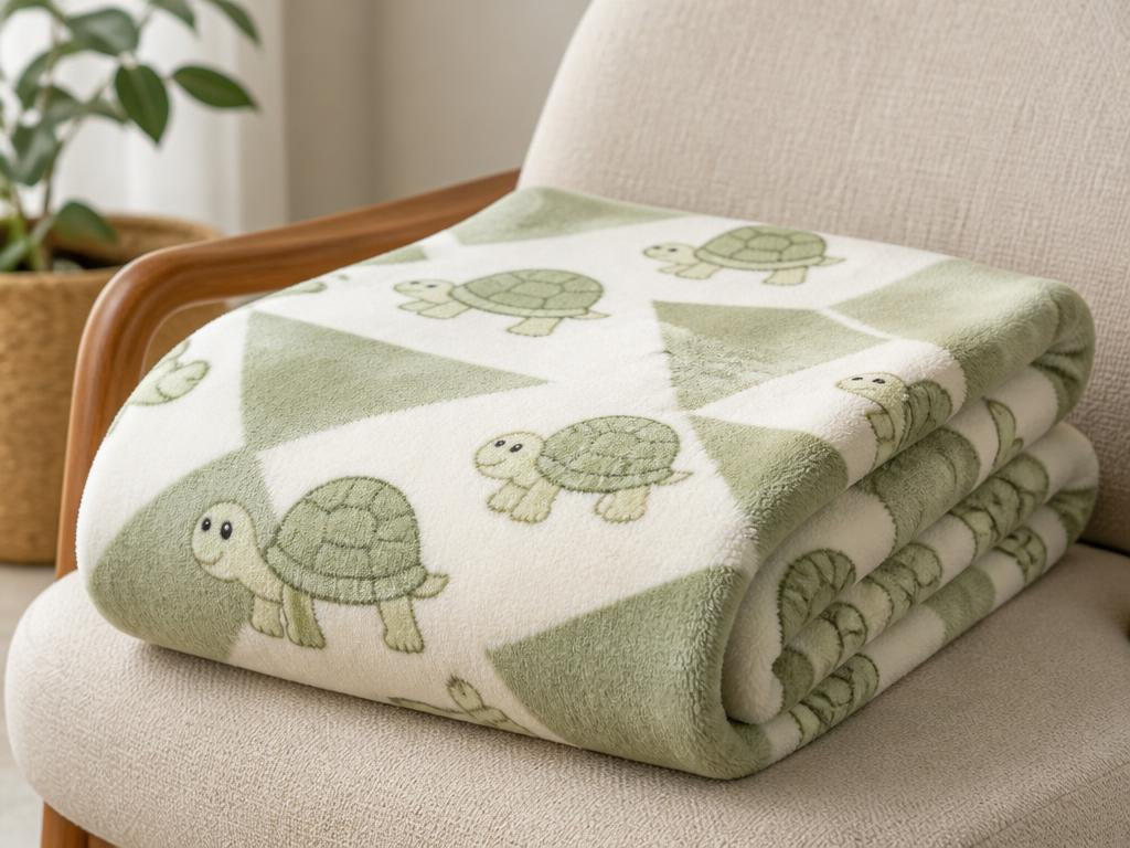 Sage and cream Tommy Turtle fleece throw blanket folded on a chair