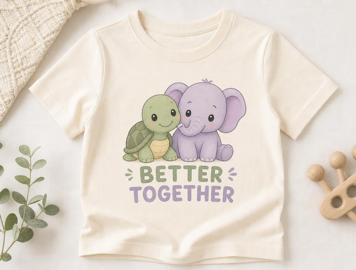 Cream kids t-shirt with Tommy Turtle and Ellie the Elephant and the words Better Together
