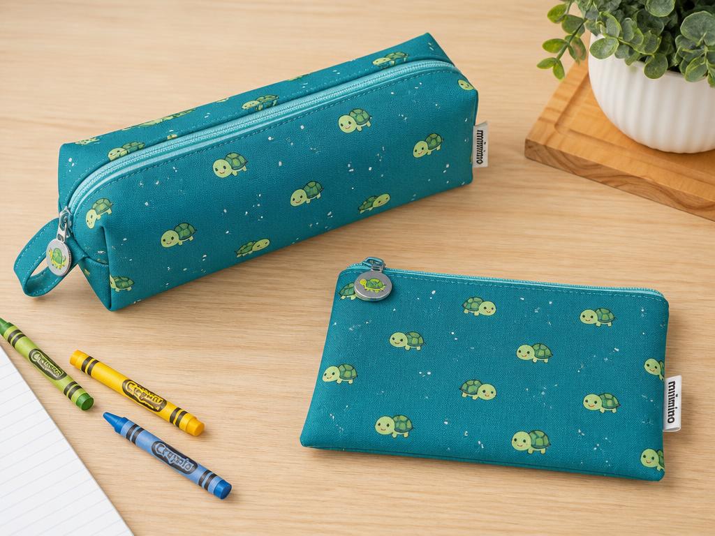Teal turtle-print pencil case and pouch set on a wooden desk