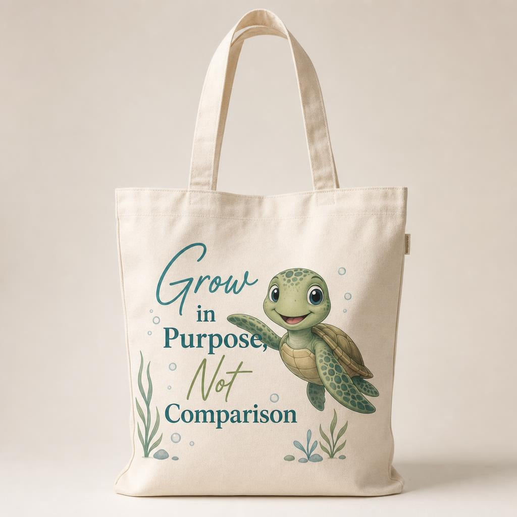 Grow in Purpose Not Comparison Tommy Turtle canvas tote bag