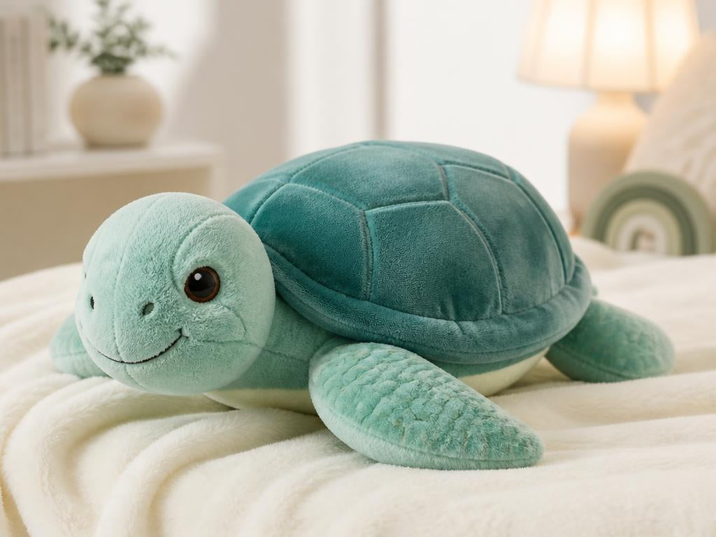 Soft teal weighted Tommy Turtle plush on a cream blanket